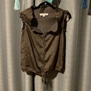 brown button down ruffled blouse